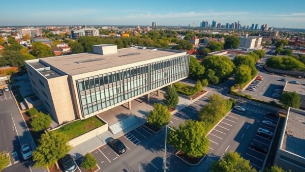Jersey City school plans aerial view with city skyline.