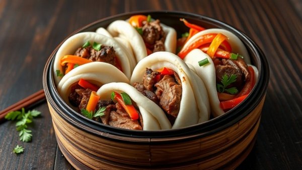 Savory bao buns with colorful toppings in New Jersey restaurant.