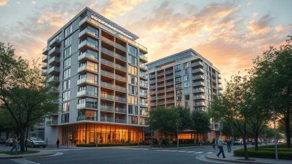 Jersey City luxury condos at sunset with people walking.