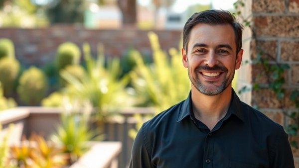 Happy man outdoors by garden wall in New Jersey Stage setting.