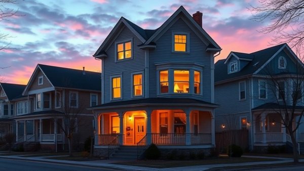 Charming two-family home in Jersey City at dusk with warm lighting.