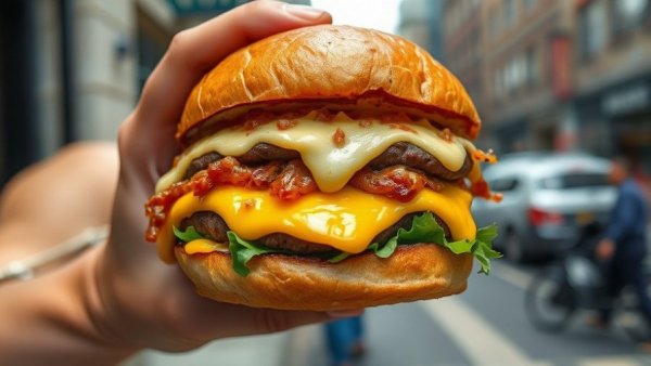 Delicious smash burger in New Jersey being held close-up.