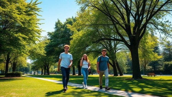 Teens enjoy a walk on a sunny day in New Jersey park.