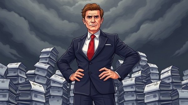 Cartoon depiction of a man amid piles of New Jersey voter rolls under a stormy sky.