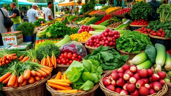 Colorful display of fresh produce at New Jersey summer farmers market.