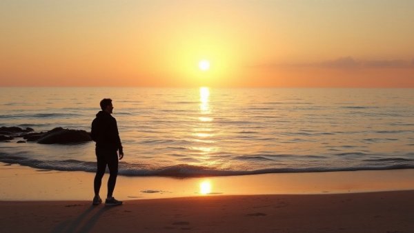 Jersey Shore weather and waves at sunrise with a solitary figure.