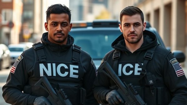 ICE agents in tactical vests during suspect apprehension in New Jersey.