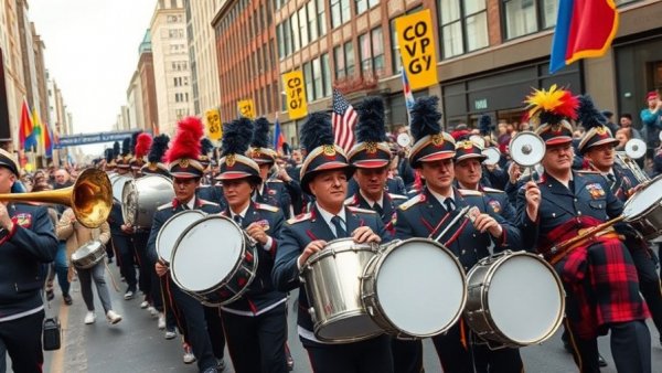 Marching band performing at New Jersey event, energetic drummers.