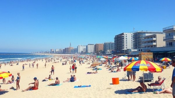 Bustling beach scene at Asbury Park, NJ on a sunny day, showcasing vibrant umbrellas and people enjoying the ocean.