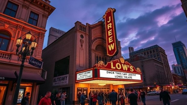 Loew's Jersey Theatre in Jersey City at twilight with people.