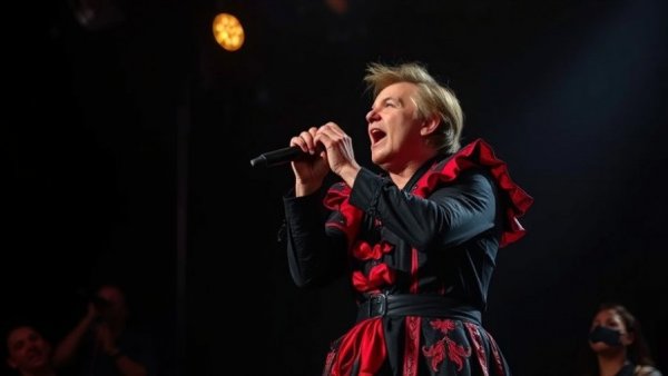 New Jersey arts reviews dynamic performer on stage with red and black attire.