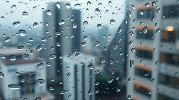 NJ weather forecast: Raindrops on window with cityscape.