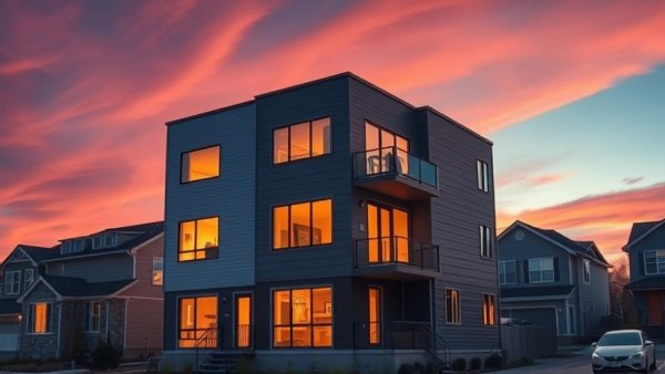 Modern residential building in Lincoln Park South Jersey City at dusk.