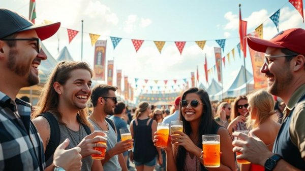 Festival-goers enjoy drinks at lively New Jersey event under sunny skies.