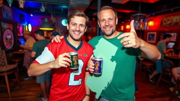 Two men enjoying drinks with New Jersey and beer graphics.