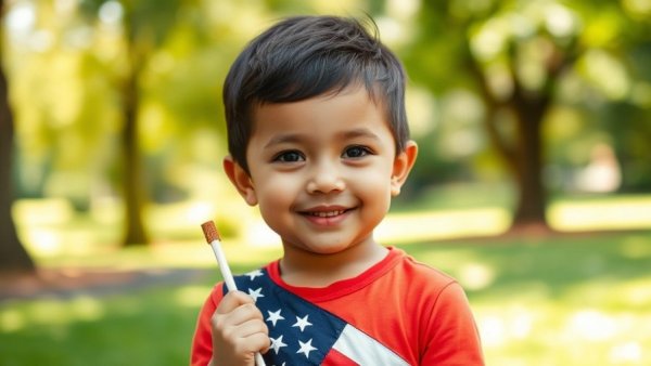 Child enjoying 4th of July activities for kids, holding flag