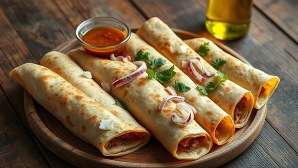Kati Roll New Jersey - Indian rolls with condiments on a wooden table.