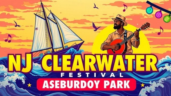 NJ Clearwater Festival banner with colorful illustrations of a sailboat and musician.