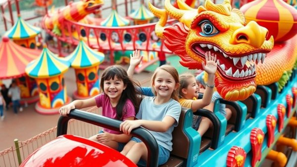 Kids on a dragon-themed roller coaster ride at NJ amusement park.