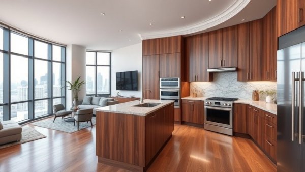 Spacious kitchen and living room in Jersey City luxury condos