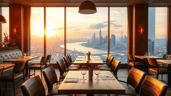 Interior of a Bergen County restaurant with sunset skyline view.