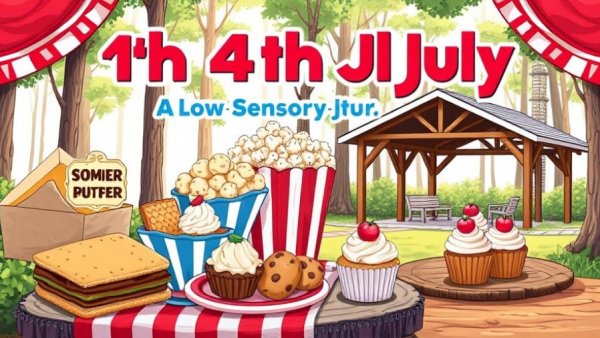 Low-sensory 4th of July celebration poster with snacks and pavilion.