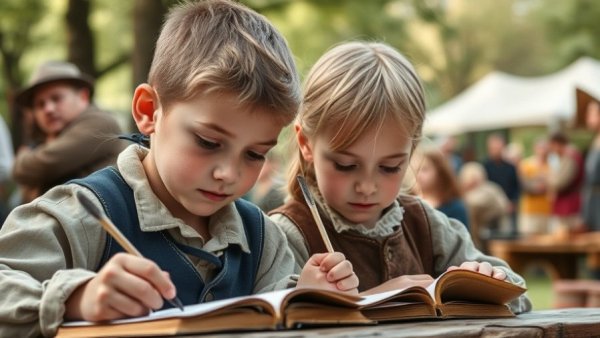 Children writing with quills at New Jersey events for America's 250th birthday.