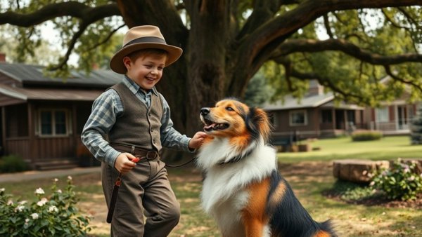 Dog days of summer movies: boy with Collie in vintage scene