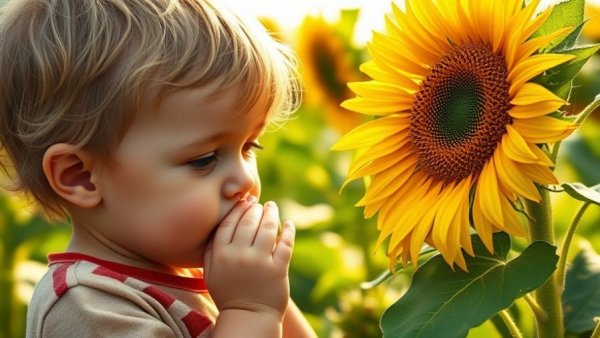 Child explores sunflower at New Jersey pick-your-own flower farms.