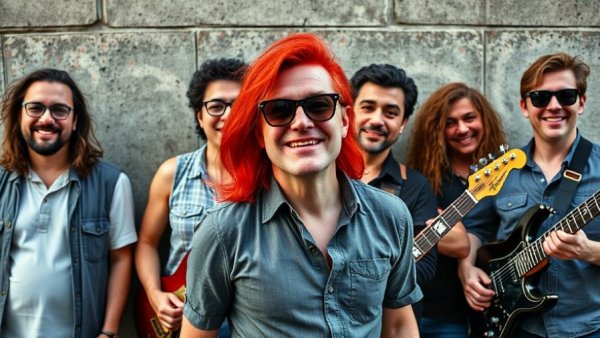 Red-haired woman and group of musicians promote New Jersey arts events.