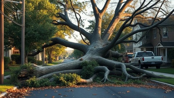 New Jersey power outages from fallen trees on suburban street.