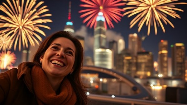 Festive night skyline with fireworks, NJ power outages context.