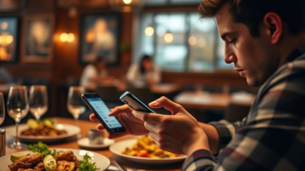 Person using New Jersey restaurants feedback app while dining.