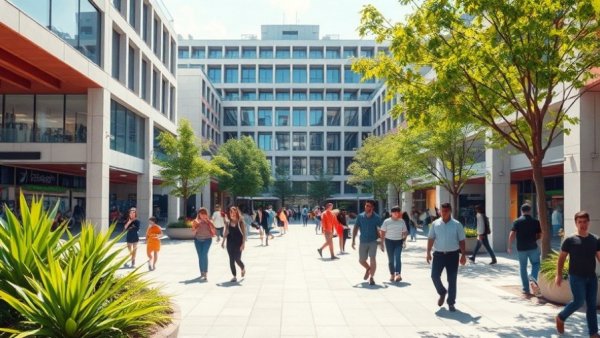 Modern plaza with people and shops, hinting at Whole Foods opening date.