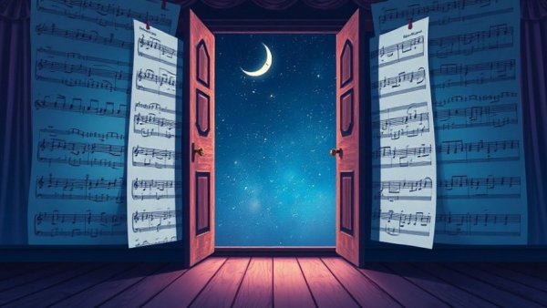 New Jersey theater illustrated poster with sheet music door and moon.