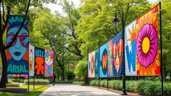 Colorful banners at a New Jersey art event in a park setting.