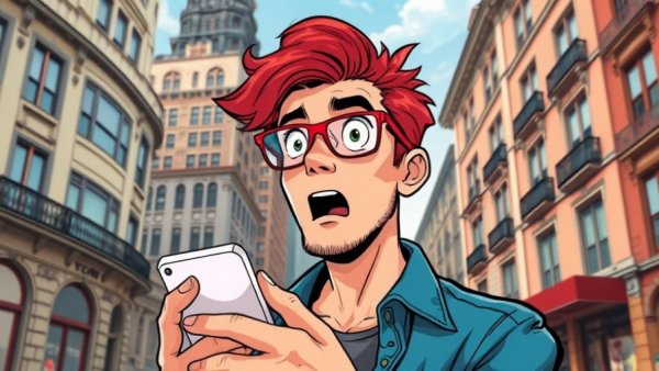 Comic-style man in city with smartphone, New Jersey Stage backdrop.