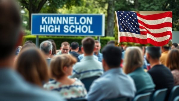 Blurred seminar with Kinnelon High School sign inset depicting Kinnelon parental rights policy.
