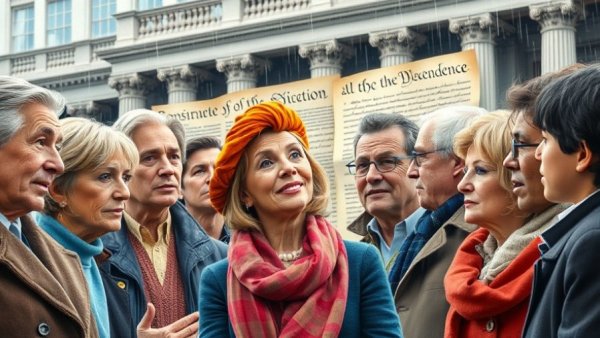 NJ political commentary scene with diverse characters and historic symbols.