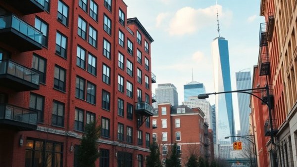 Affordable housing in Jersey City, modern red brick building with city skyline.