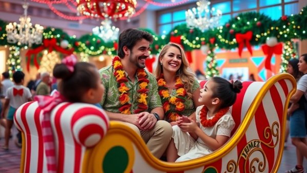Christmas in July festivities in New Jersey with a festive couple in a sleigh.