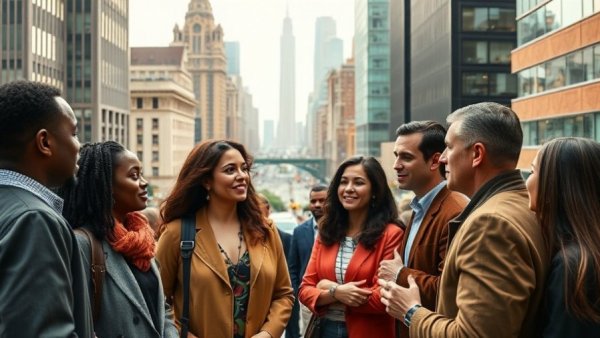 Vibrant cityscape with diverse group discussing voting in New Jersey