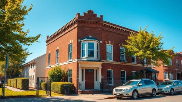 Charming historic brick building in Jersey City, suburban setting.