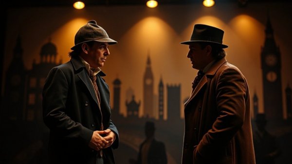 Scene from Ken Ludwig's Baskerville: A Sherlock Holmes Mystery featuring Holmes and Watson on stage.