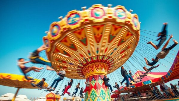 Colorful swing ride at New Jersey August festival with people enjoying.