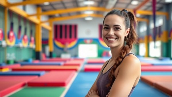 Gym instructor smiling in a colorful gymnastics facility, free things to do NJ.