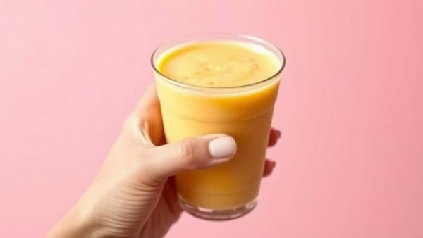 Creamy yellow smoothie in cup held by hand against pink backdrop, Hackensack NJ restaurant openings.