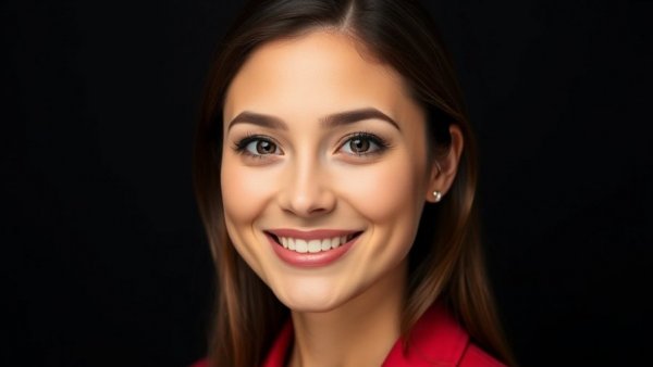 Professional woman smiling, suitable for teletherapy services.