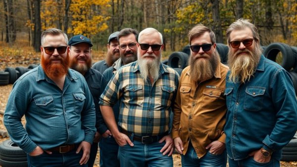 Casual group pose of bearded men outdoors for Solace Spiral Will song