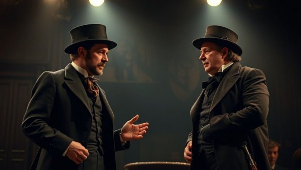 Baskerville: A Sherlock Holmes Mystery review, two actors in Victorian costumes on stage.